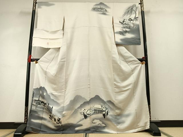 平和屋着物●訪問着 手描き 人物風景文 暈し染め 銀通し地 丹後ちりめん 反端付き 正絹 逸品 AABM8231fy