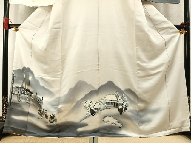 平和屋着物●訪問着 手描き 人物風景文 暈し染め 銀通し地 丹後ちりめん 反端付き 正絹 逸品 AABM8231fy