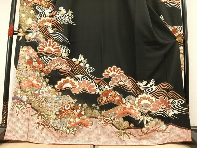 平和屋着物●豪華振袖 松竹梅 黒地 金銀彩 正絹 逸品 AABM8264fy