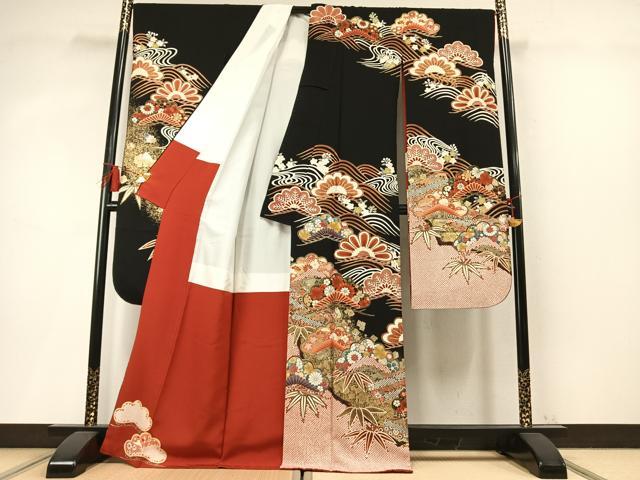 平和屋着物●豪華振袖 松竹梅 黒地 金銀彩 正絹 逸品 AABM8264fy
