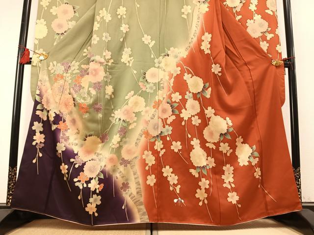 平和屋着物●豪華振袖 駒刺繍 枝桜文 暈し染め 金彩 正絹 逸品 AABM8266fy