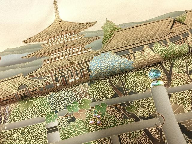 平和屋着物●螺鈿作家 甲斐泰造 色留袖 螺鈿 清水寺 暈し染め 金彩 丹後ちりめん 反端付き 正絹 逸品 AABM8267fy