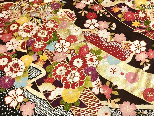 平和屋着物●豪華振袖 駒刺繍 御所車花文 金彩 京都きもの友禅扱い 正絹 逸品 AABM8268fy