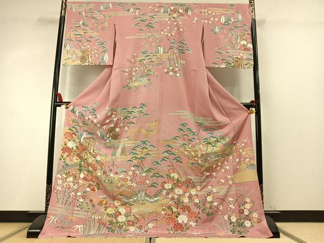 平和屋着物●訪問着 駒刺繍 松竹梅 御所車花鳥文 金彩 ロング丈 正絹 逸品 AABM8271fy