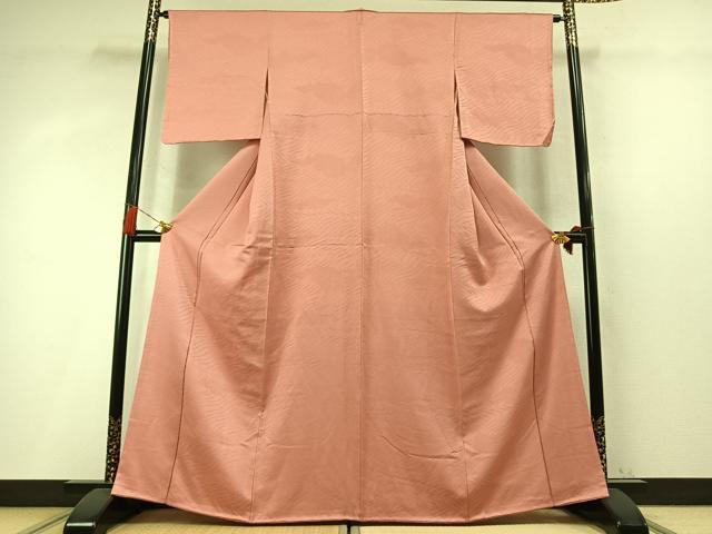 平和屋着物●上質な色無地 流水紗綾形七宝地紋 珊瑚朱色 正絹 逸品 未使用 AABM8272fy