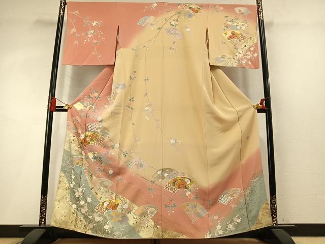 平和屋着物●十日町友禅作家 松雨 訪問着 駒刺繍 扇面花文 暈し染め 金銀彩 正絹 逸品 AABM8281fy
