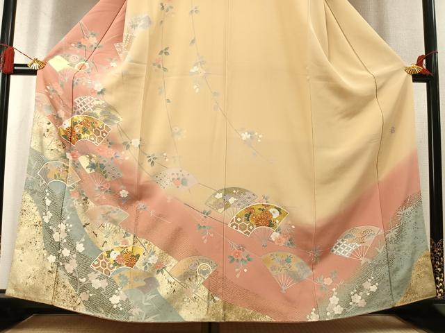 平和屋着物●十日町友禅作家 松雨 訪問着 駒刺繍 扇面花文 暈し染め 金銀彩 正絹 逸品 AABM8281fy