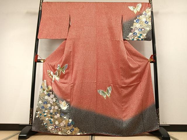 平和屋着物●訪問着 花蝶文 暈し染め たたき染め 金銀彩 正絹 逸品 AABM8284fy