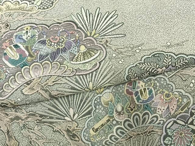 平和屋着物●日本画家 霜鳥忍の世界 彩天目織 色留袖 お召地 宝尽くし松花文 正絹 逸品 未使用 AABM8315fy