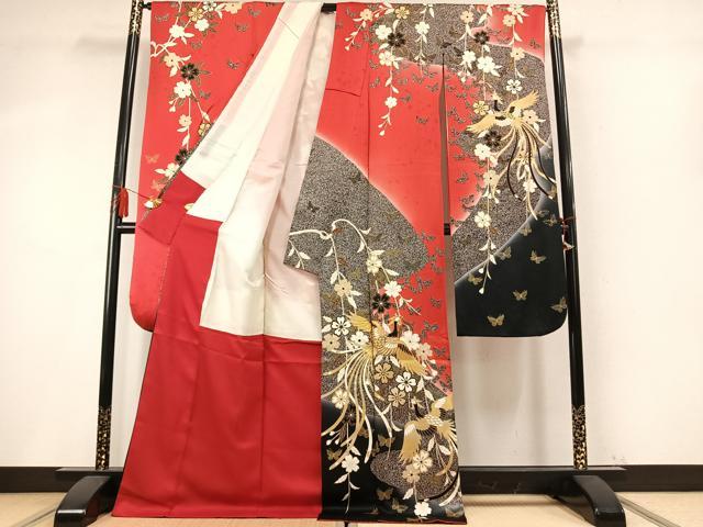 平和屋着物●豪華振袖 駒刺繍 鳳凰花蝶文 暈し染め たたき染め 金彩 ロング丈 正絹 逸品 AABM8349fy