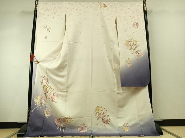 平和屋着物●豪華振袖 草花文 暈し染め 銀通し地 ロング丈 正絹 逸品 AABM8361fy