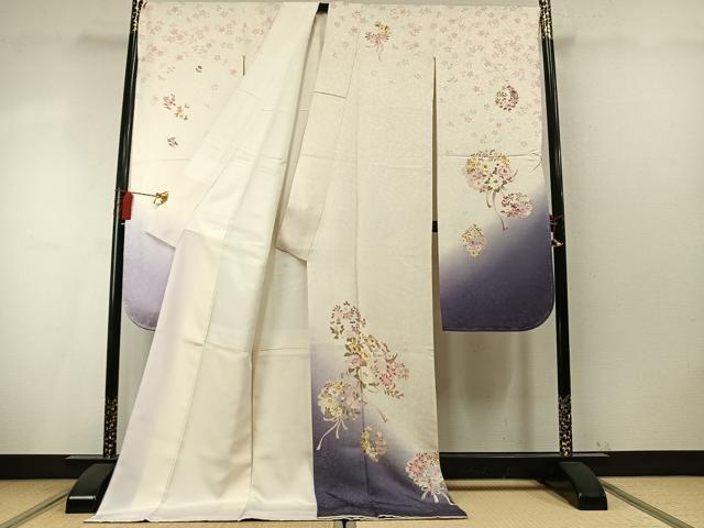 平和屋着物●豪華振袖 草花文 暈し染め 銀通し地 ロング丈 正絹 逸品 AABM8361fy