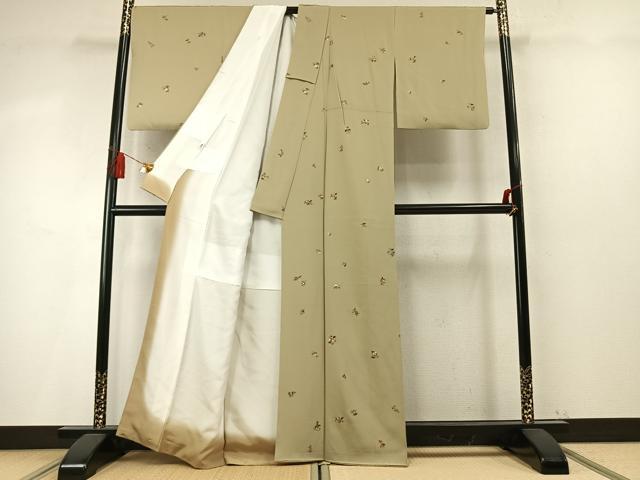 平和屋着物●上質な小紋 総刺繍 草花文 金糸 正絹 逸品 未使用 AABM8398fy