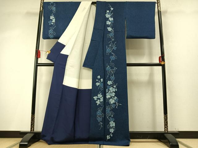 平和屋着物●無形文化財保持者 古庄理一郎 本藍染め 訪問着 葡萄蔦の葉文 正絹 逸品 AABM8439fy