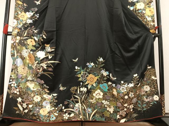 平和屋着物●豪華振袖 花蝶文 黒地 金銀彩 正絹 逸品 AABM8448fy