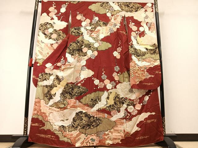 平和屋着物●豪華振袖 駒刺繍 雲取り飛鶴梅文 金彩 正絹 逸品 AABM8449fy