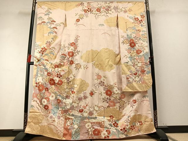 平和屋着物●十日町老舗ブランド 吉澤友禅 吾妻徳穂 振袖 駒刺繍 草花文 金彩 正絹 逸品 AABM8452fy