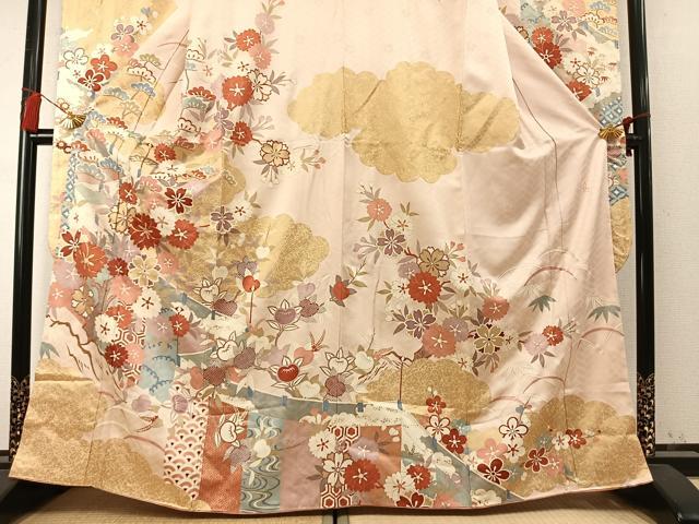 平和屋着物●十日町老舗ブランド 吉澤友禅 吾妻徳穂 振袖 駒刺繍 草花文 金彩 正絹 逸品 AABM8452fy