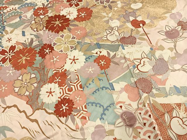 平和屋着物●十日町老舗ブランド 吉澤友禅 吾妻徳穂 振袖 駒刺繍 草花文 金彩 正絹 逸品 AABM8452fy