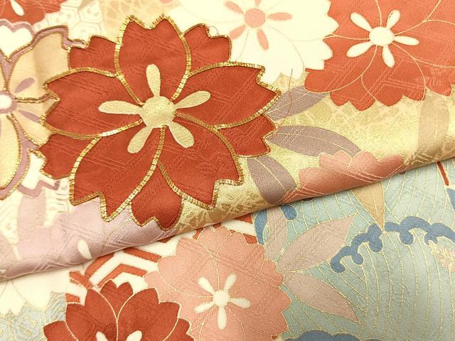 平和屋着物●十日町老舗ブランド 吉澤友禅 吾妻徳穂 振袖 駒刺繍 草花文 金彩 正絹 逸品 AABM8452fy