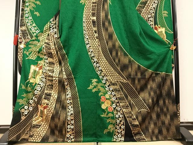 平和屋着物●豪華振袖 絞り 駒刺繍 御所車飛鶴松花文 金彩 正絹 逸品 AABM8454fy