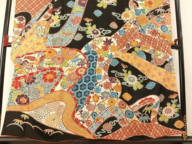 平和屋着物●豪華振袖 型染め 花鳥文 黒地 正絹 逸品 AABM8455fy