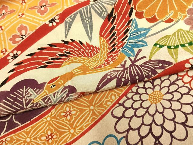 平和屋着物●豪華振袖 型染め 花鳥文 黒地 正絹 逸品 AABM8455fy