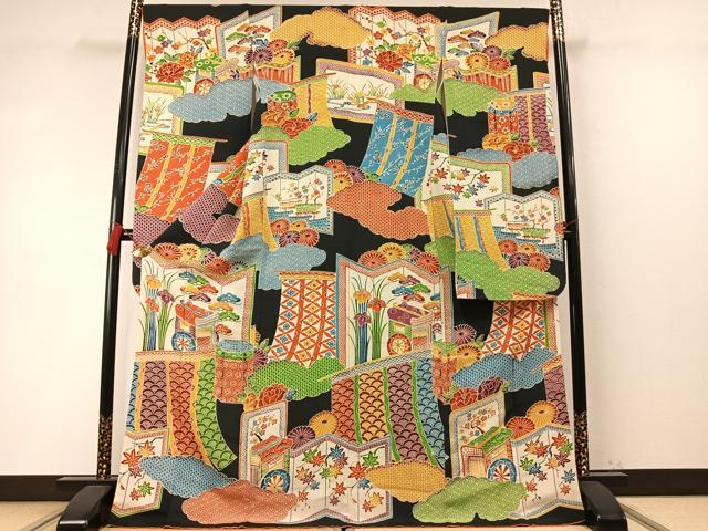 平和屋着物●豪華振袖 型染め 御所車梅松花文 黒地 鬼しぼ縮緬 ロング丈 正絹 逸品 AABM8457fy