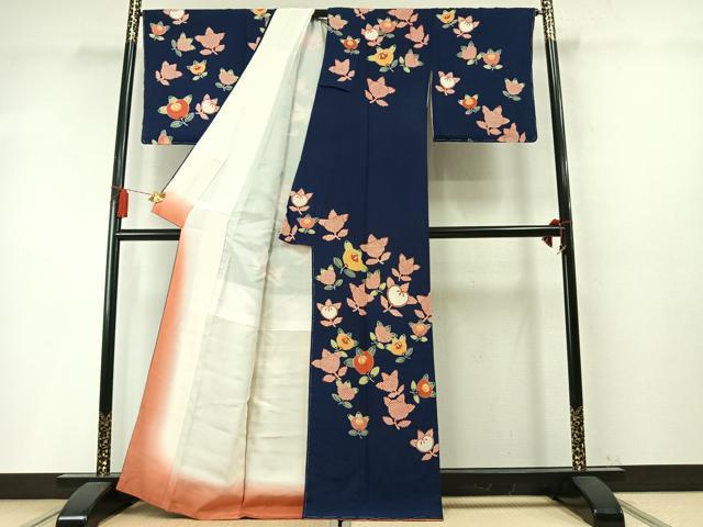 平和屋着物●和染紅型 栗山紅型 栗山吉三郎 訪問着 草花文 鬼しぼ縮緬 正絹 逸品 未使用 AABM8465fy