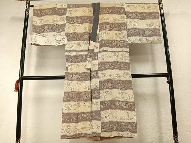 平和屋着物●銀座もとじ 長襦袢無双仕立て 横段鳥獣戯画文 反端付き 正絹 逸品 AABM8468fy