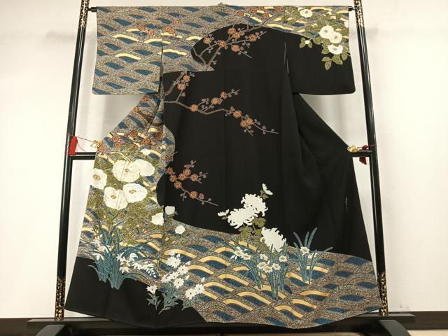 平和屋着物●京友禅の第一人者 松井青々 訪問着 駒刺繍 枝梅花文 黒地 金銀彩 正絹 逸品 AABM8479fy