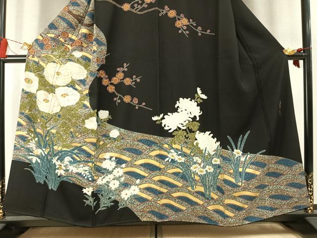 平和屋着物●京友禅の第一人者 松井青々 訪問着 駒刺繍 枝梅花文 黒地 金銀彩 正絹 逸品 AABM8479fy