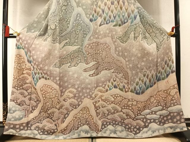 平和屋着物●樋熊哲也 訪問着 辻が花 絞り 手描き 銀通し地 正絹 逸品 AABM8480fy