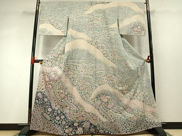 平和屋着物●十七代京屋林蔵 訪問着 本場結城紬地 絞り 辻が花 暈し染め 正絹 逸品 AABM8483fy