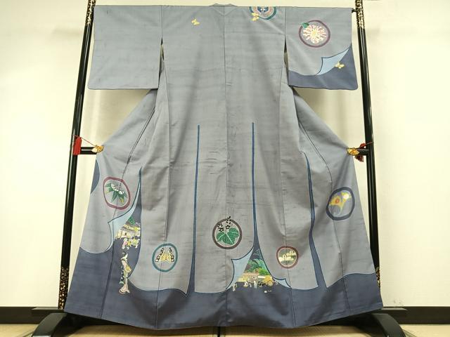 平和屋着物●アトリエ曲亭 訪問着 紬地 人物風景文 正絹 逸品 AABM8489fy
