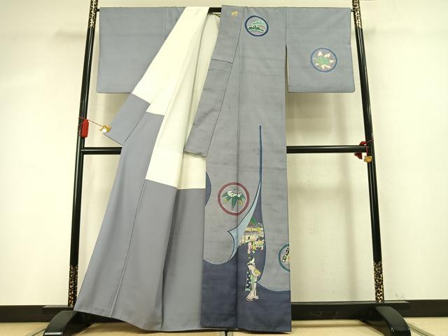 平和屋着物●アトリエ曲亭 訪問着 紬地 人物風景文 正絹 逸品 AABM8489fy