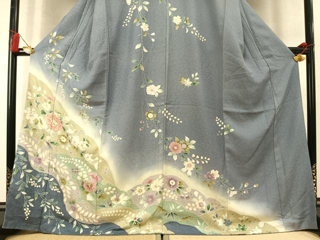 平和屋着物●訪問着 絞り 駒刺繍 草花文 暈し染め 金銀彩 正絹 逸品 AABM8496fy