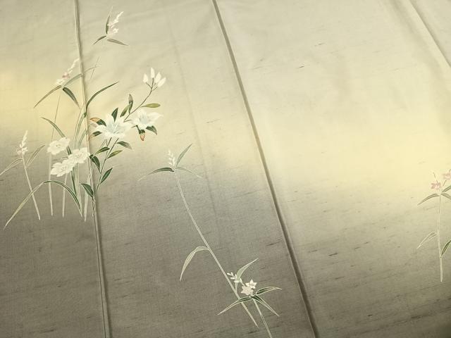 平和屋着物●訪問着 白山紬 友禅 草花文 正絹 逸品 AABM8507fy