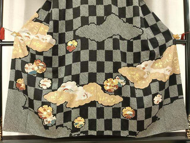 平和屋着物●訪問着 総絞り 駒刺繍 松竹梅 雪輪重ね花文 黒地 金彩 正絹 逸品 AABM8511fy