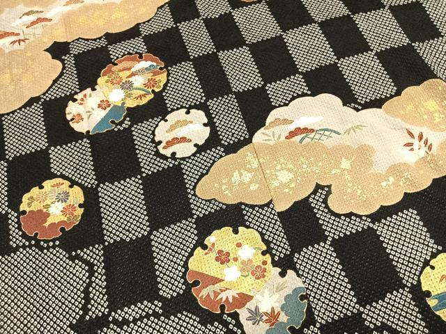 平和屋着物●訪問着 総絞り 駒刺繍 松竹梅 雪輪重ね花文 黒地 金彩 正絹 逸品 AABM8511fy