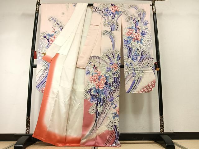 平和屋着物●豪華振袖 草花文 暈し染め 銀彩 正絹 逸品 AABM8525fy