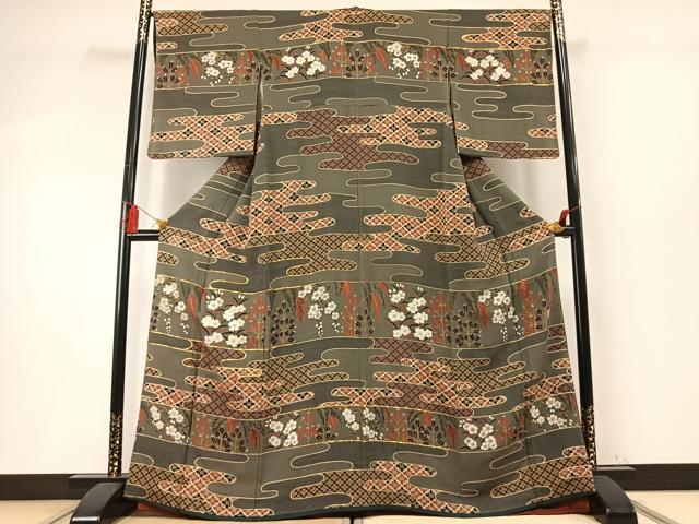 平和屋着物●ファッションデザイナー 花井幸子 訪問着 駒刺繍 霞取り花文 金彩 鬼しぼ縮緬 正絹 逸品 AABM8528fy