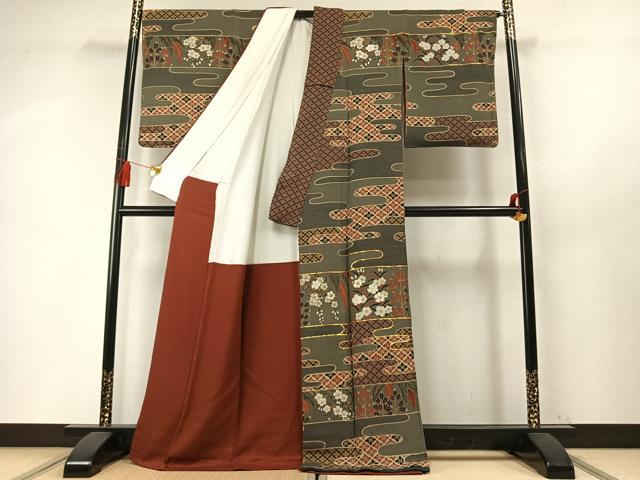 平和屋着物●ファッションデザイナー 花井幸子 訪問着 駒刺繍 霞取り花文 金彩 鬼しぼ縮緬 正絹 逸品 AABM8528fy