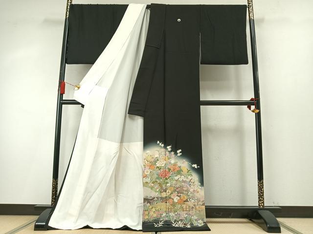 平和屋着物●豪華黒留袖 作家物 駒刺繍 草花文 暈し染め 金彩 ロング丈 正絹 逸品 AABM8534fy
