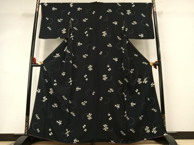 平和屋着物●上質な小紋 雪輪花文 黒地 正絹 逸品 AABM8549fy