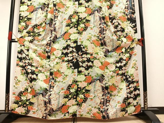 平和屋着物●創業460年・千總 振袖 草花文 黒地 金彩 正絹 逸品 AABM8561fy