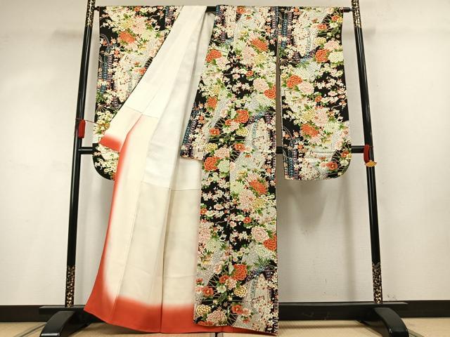 平和屋着物●創業460年・千總 振袖 草花文 黒地 金彩 正絹 逸品 AABM8561fy