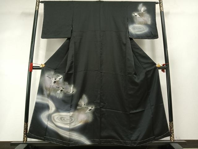 平和屋着物●訪問着 飛鶴流水文 暈し染め 黒地 金彩 正絹 逸品 AABM8568fy