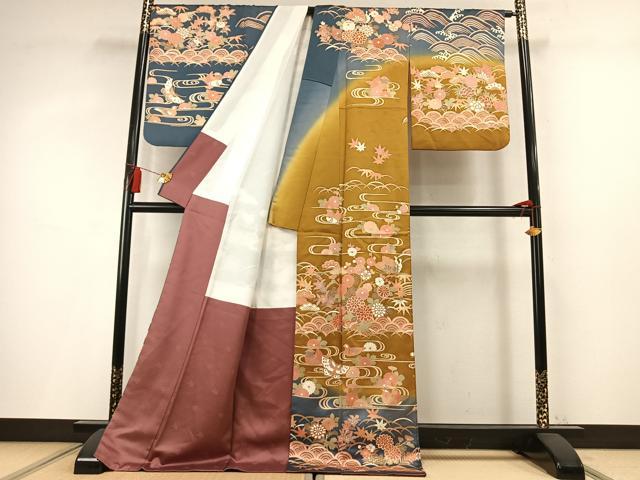 平和屋着物●訪問着 鴛鴦花蝶文 暈し染め 金彩 ロング丈 正絹 逸品 AABM8578fy