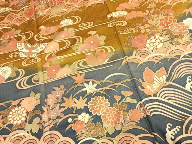 平和屋着物●訪問着 鴛鴦花蝶文 暈し染め 金彩 ロング丈 正絹 逸品 AABM8578fy